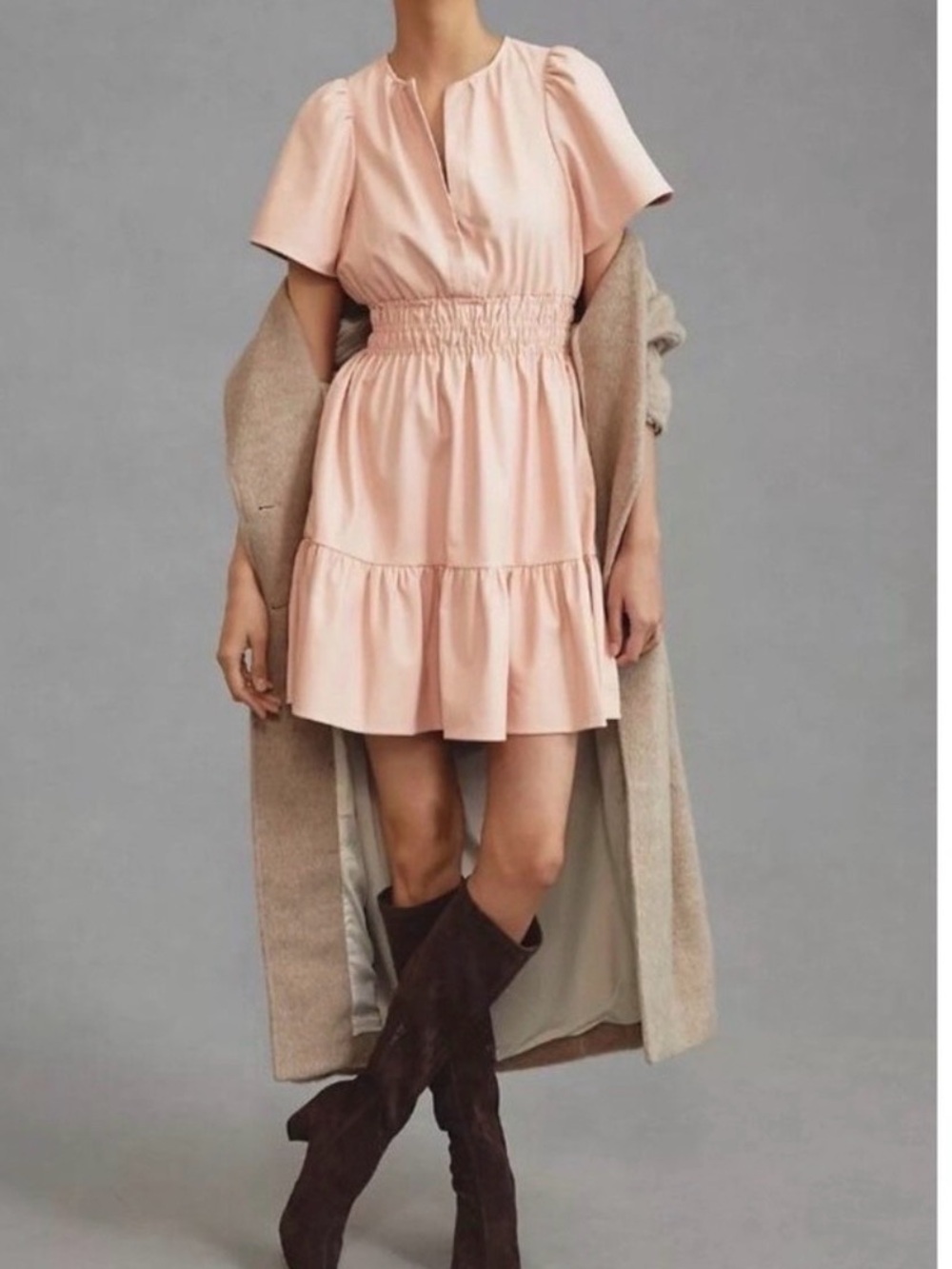 Anthropologie Blush Pink Vegan Leather Babydoll Mini Dress